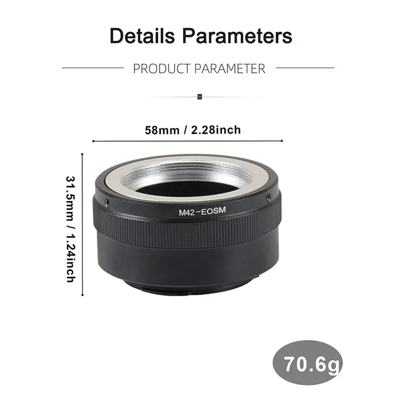 Pierścień adaptera ABFM-M42-EOSM do obiektywów M42 42mm, kompatybilny z aparatami Canon EOS M EF-M M2 M3 M5 M5II M6 M10 M50 M50II M100