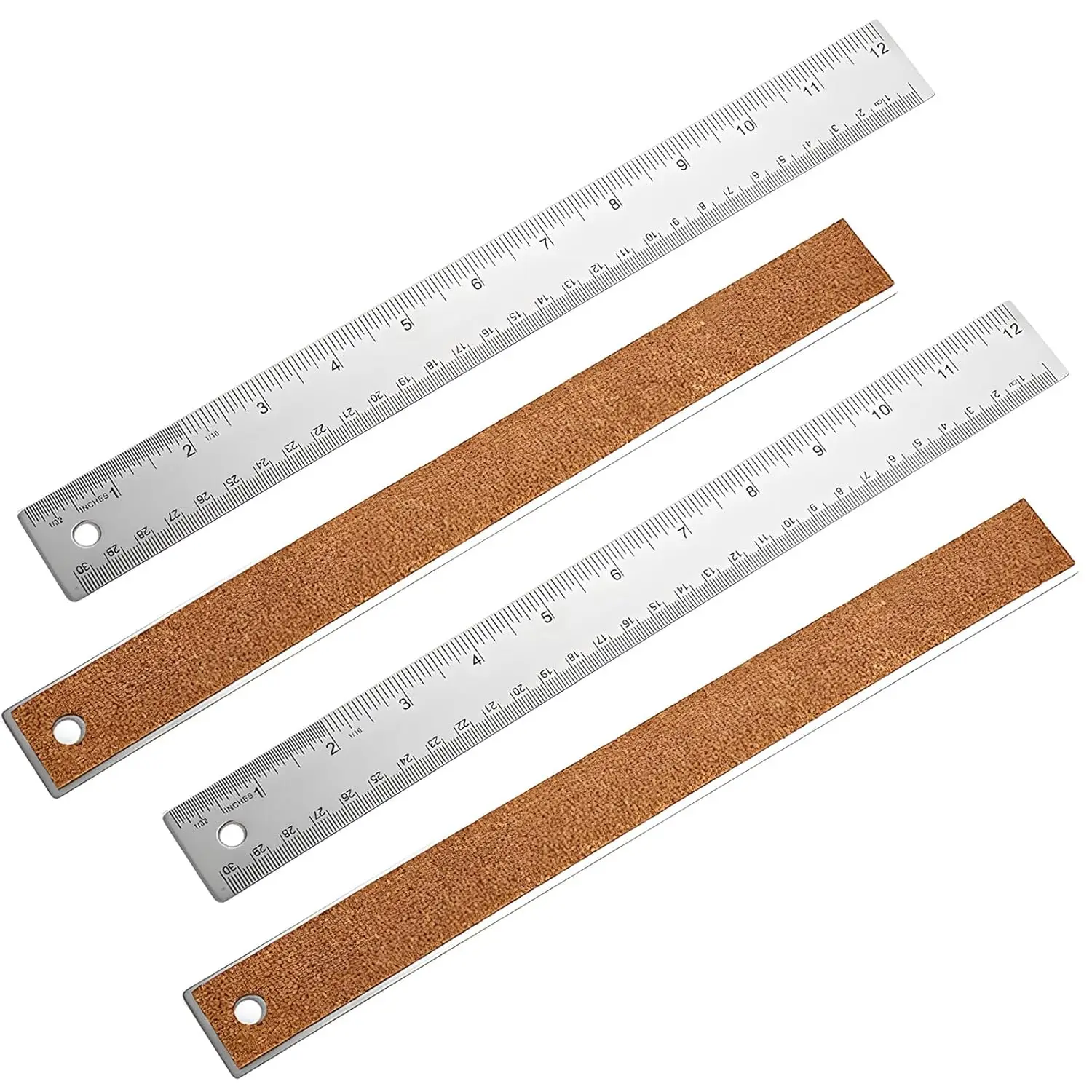 4Pcs 12 Inch Metal Ruler, Stainless Steel Rulers with Cork Backing, Imperial and Metric, Non-Slip Prevent Ink Leakage