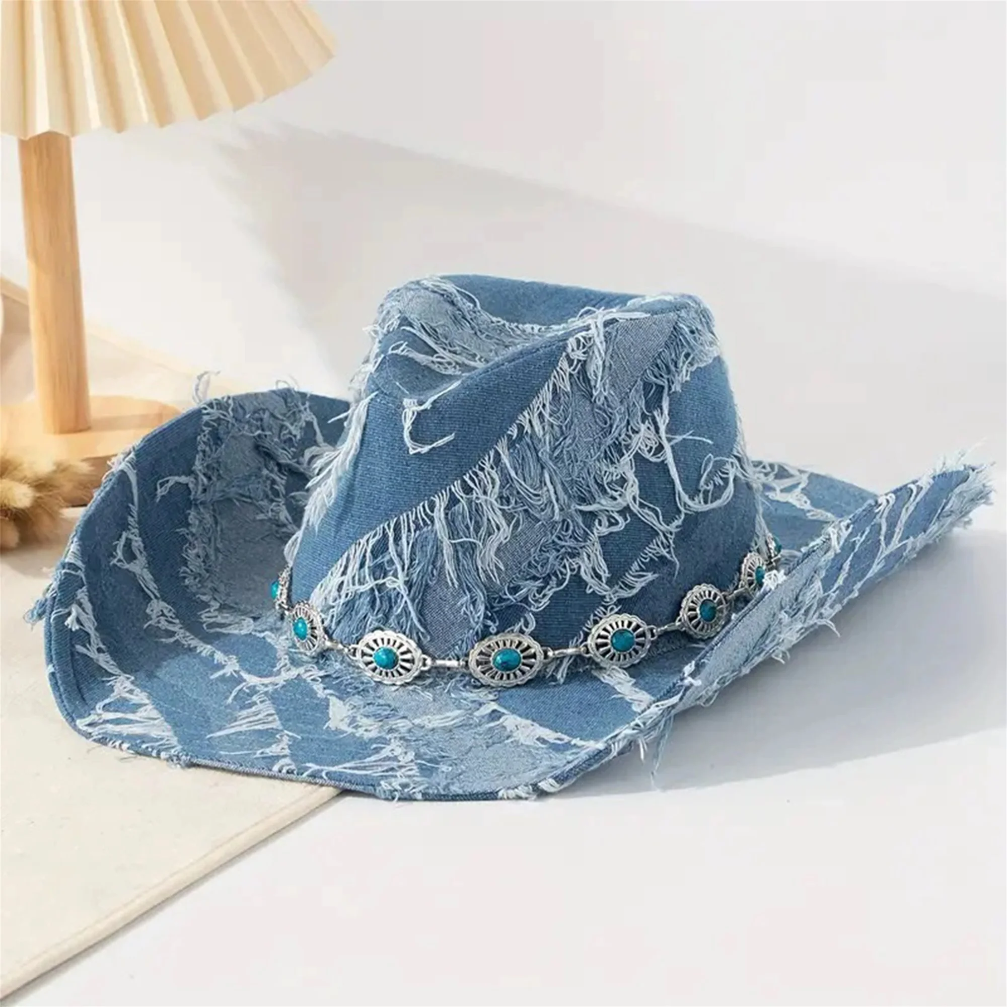 قبعة راعية البقر من قماش الدنيم بتصميم عتيق مع زخرفة رأس الثور وحافة واسعة للنساء - قبعة فيدورا غربية كلاسيكية #5