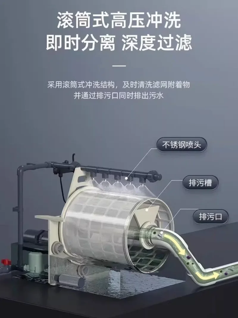 Fish Tank Bottom Integrated Bioquímica Drum Filter Machine System, automático, Micro, sem limpeza