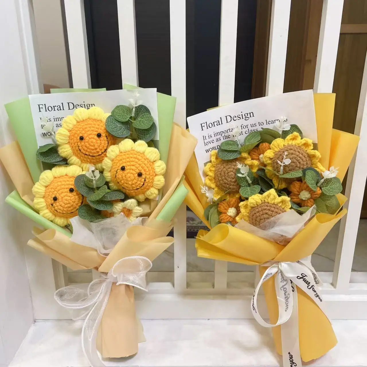 Finished Knitted Sunflowers Roses Artificial Crochet Flowers Bouquets Stuffed Plants Valentine Mothers' Day Birthday Graduation