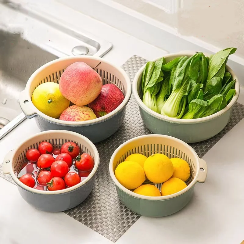 2-Piece Set/Double-Layer Vegetable Washing Basin with Drain Basket, Multifunctional Plastic Vegetable Basin