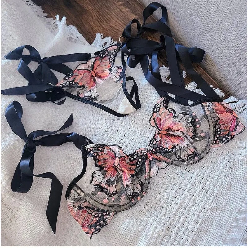 Ensemble de lingerie en dentelle transparente brodée de luxe française, avec soutien-gorge fin à effet liftant, pour grandes tailles et poitrines généreuses, minimisant, doux et transparent, 34-40