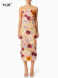 VGH Patchwork Appliques Colorblock Elegant Dresses For Women Strapless Sleeveless High Waist Backless Temperament Dress Female