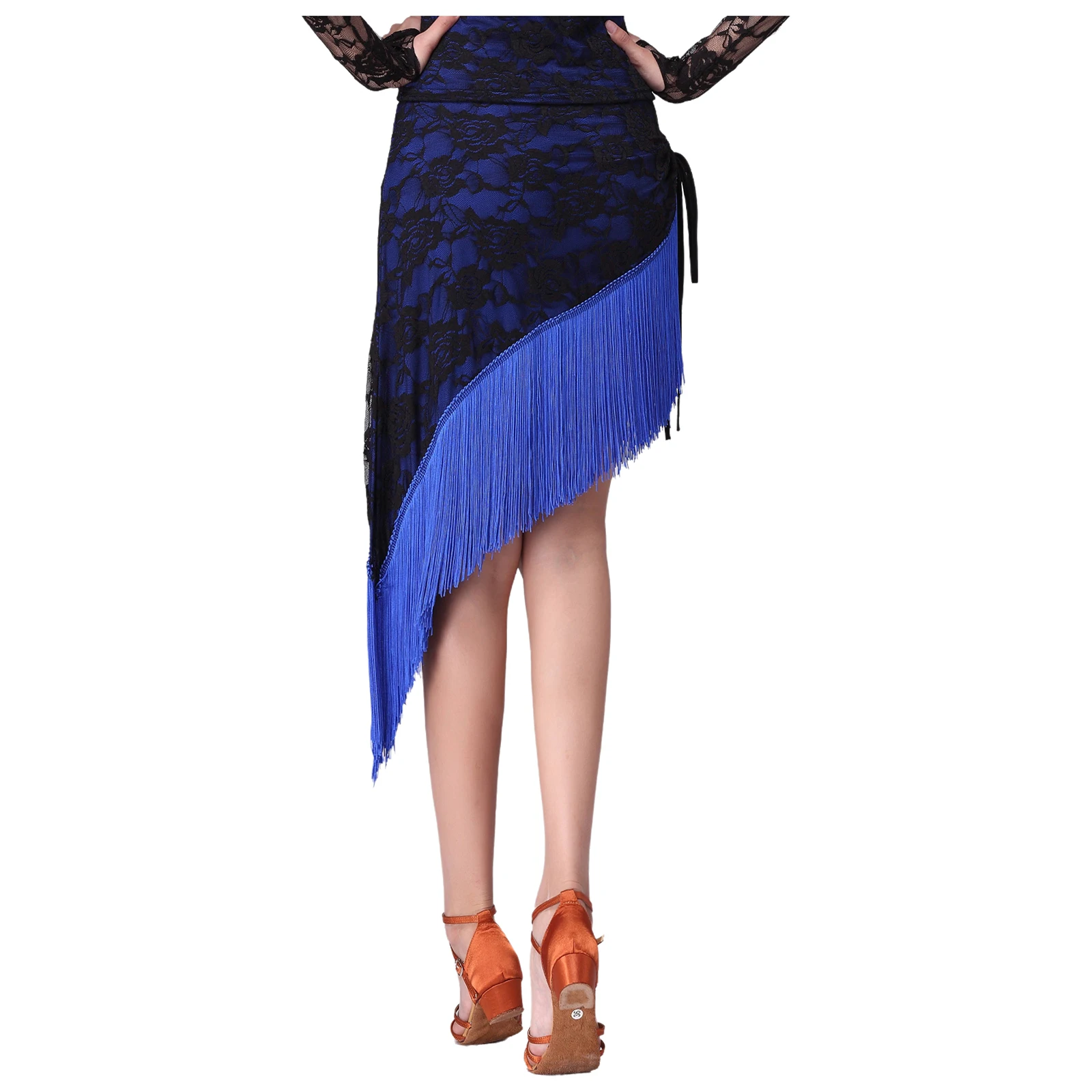 

Womens Latin Tango Dance Skirt Floral Lace Tassel Trim Side Drawstring Irregular Skirt Dance Costume for Ballroom Performance
