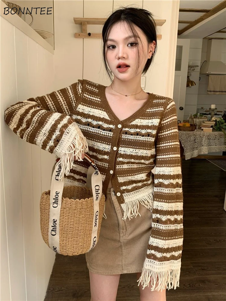 

Полосатые кардиганы с кисточками, женское осеннее пальто, универсальный дизайн, эстетический трикотаж, свитер, корейская мода, элегантный, нежный, на каждый день