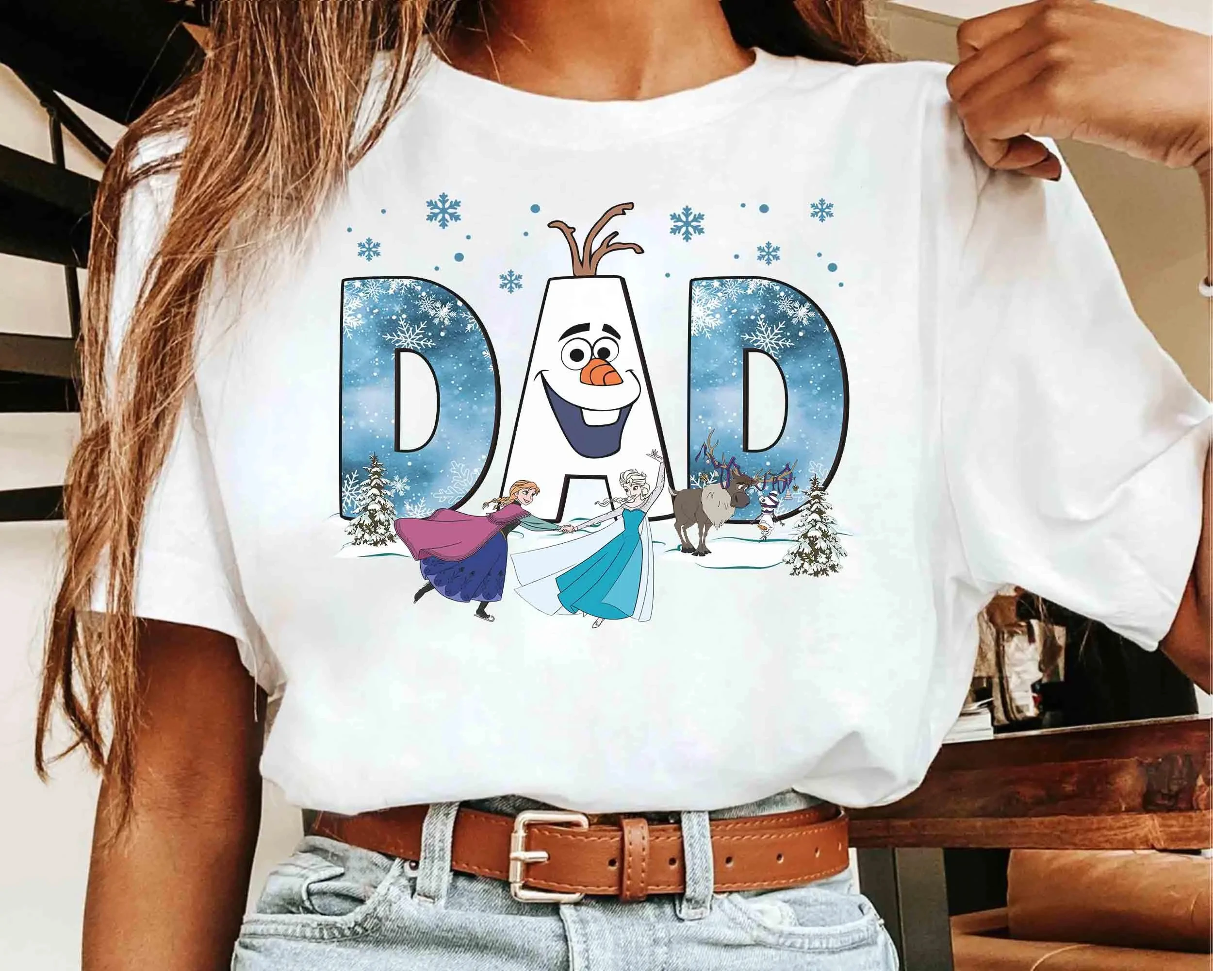 

Personalized Frozen shirts for Mom and Dad, featuring Olaf, Anna, and Elsa. Unisex pure cotton all-season bottoming shirts