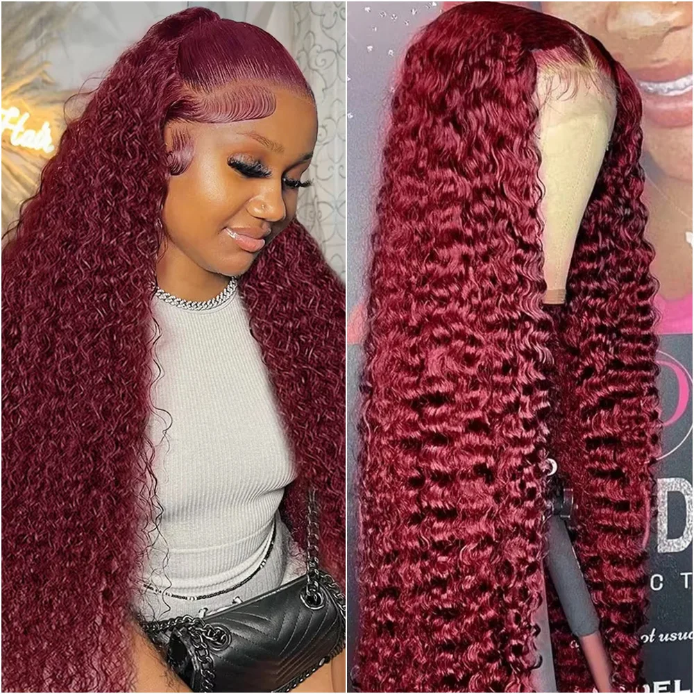 

99J Бордовый 13x6 Hd Кружевной фронтальный парик с глубокими волнами Бразильские вьющиеся волны воды 13x4 Прозрачные парики из натуральных волос на кружеве для женщин