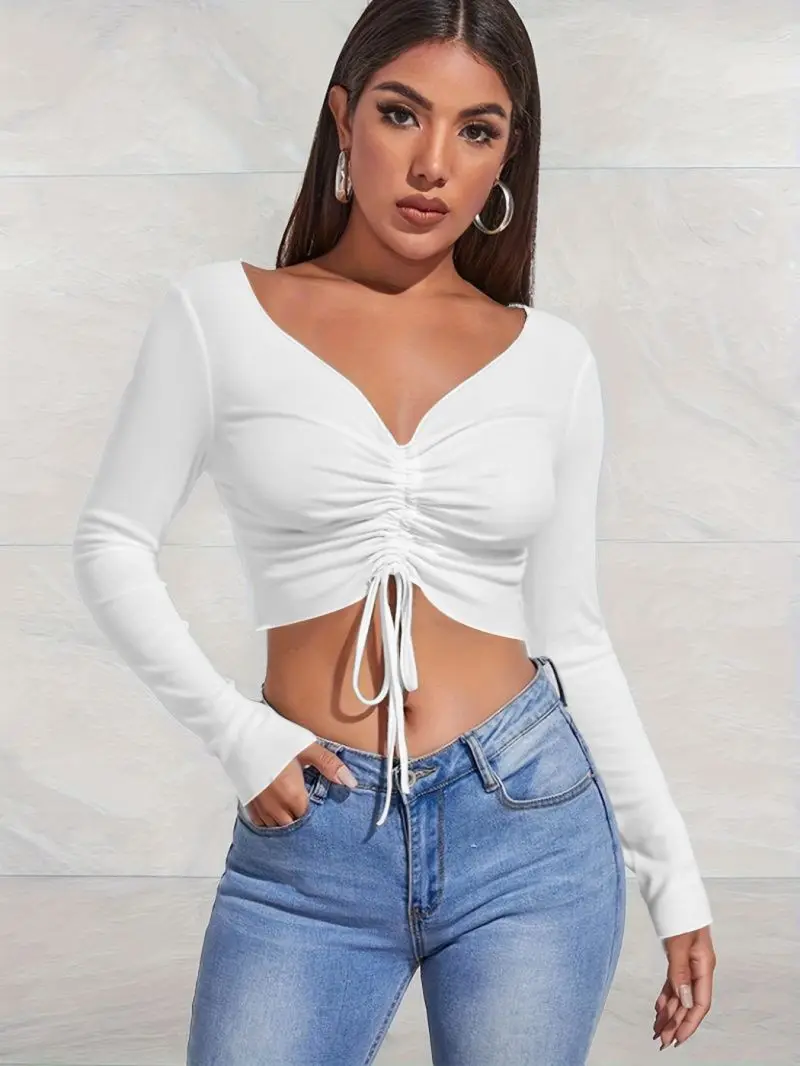 V-neck crop exposed long sleeved pullover with adjustable drawstring for slim fit and stylish women's short shirt