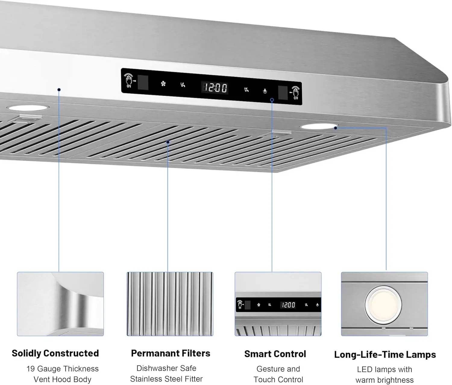 Under Cabinet Range Hood, Kitchen Vent Hood, Stainless Steel Kitchen Stove Vent Hood for Ducted, with Stainless Steel Filters