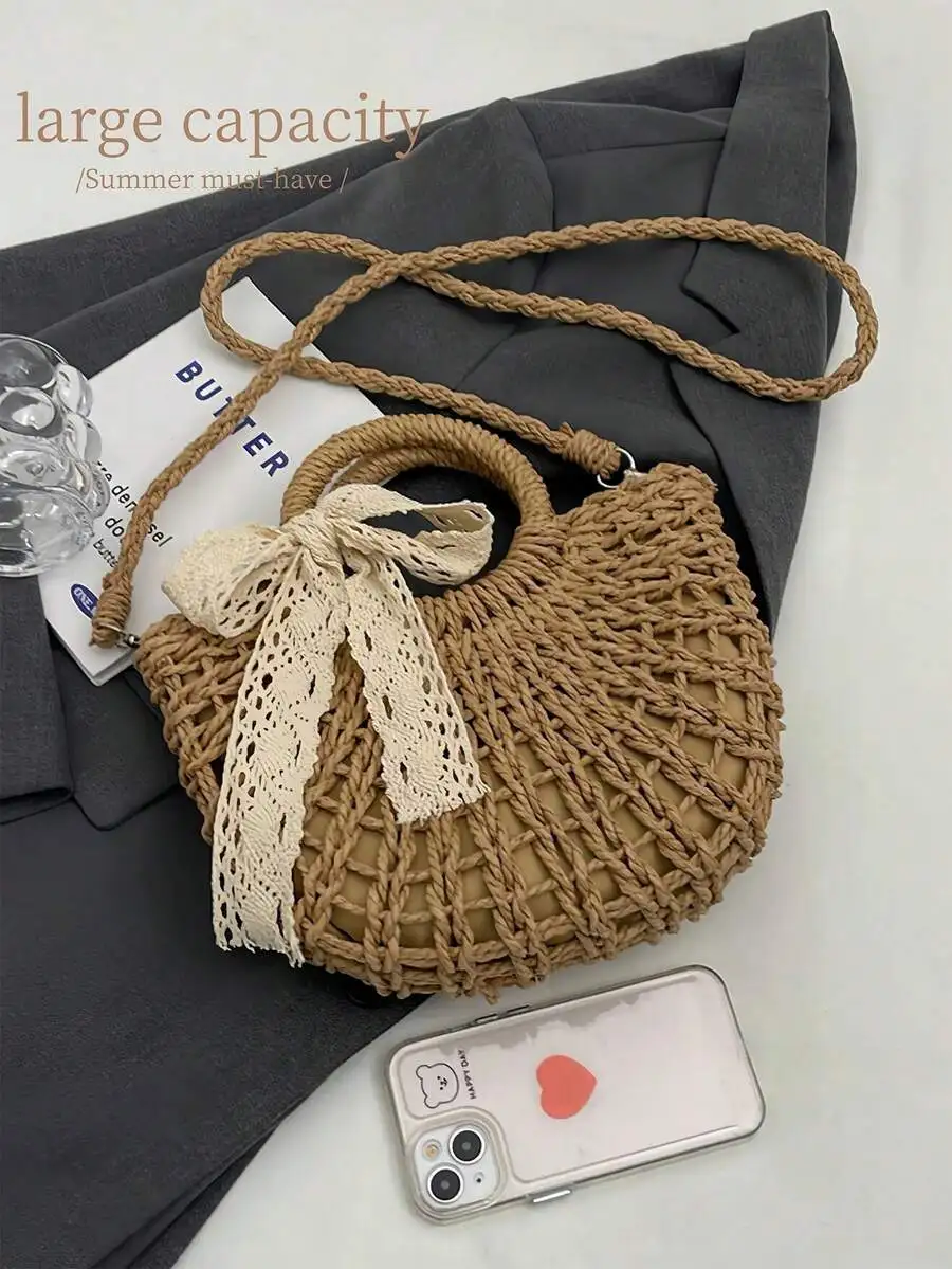 

Woven Straw Handbag With Lace Bow Decoration Large Capacity Crossbody Shoulder Bag For Women Summer Beach Bag