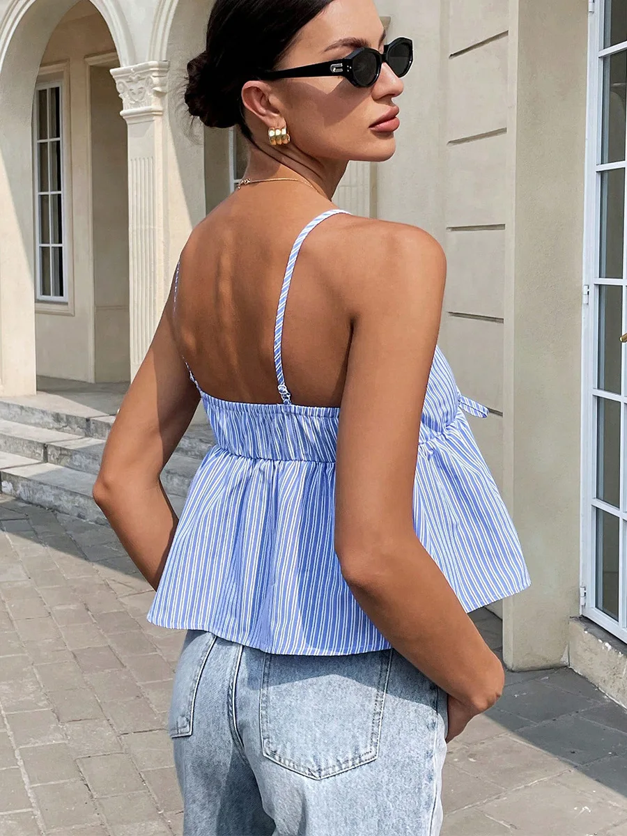 Rh Women's 2025 Summer European And American Sexy Hot Girls Suspender Striped Vest Lace-up