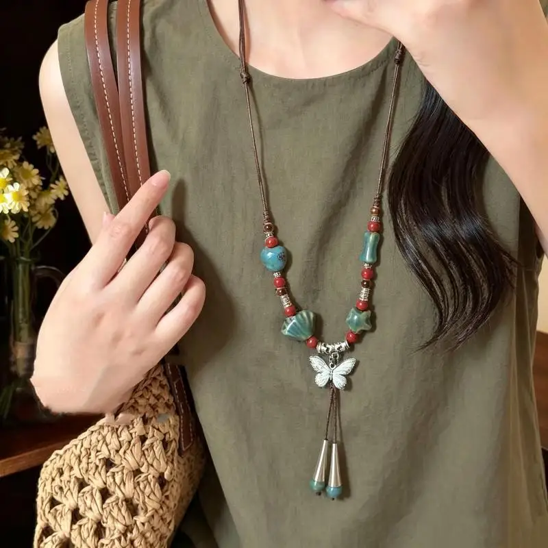 Vintage Ceramic Butterfly Pendant Necklaces for Women New Chinese Ethnic Style Long Adjustable Handmade Beaded Necklaces Jewelr