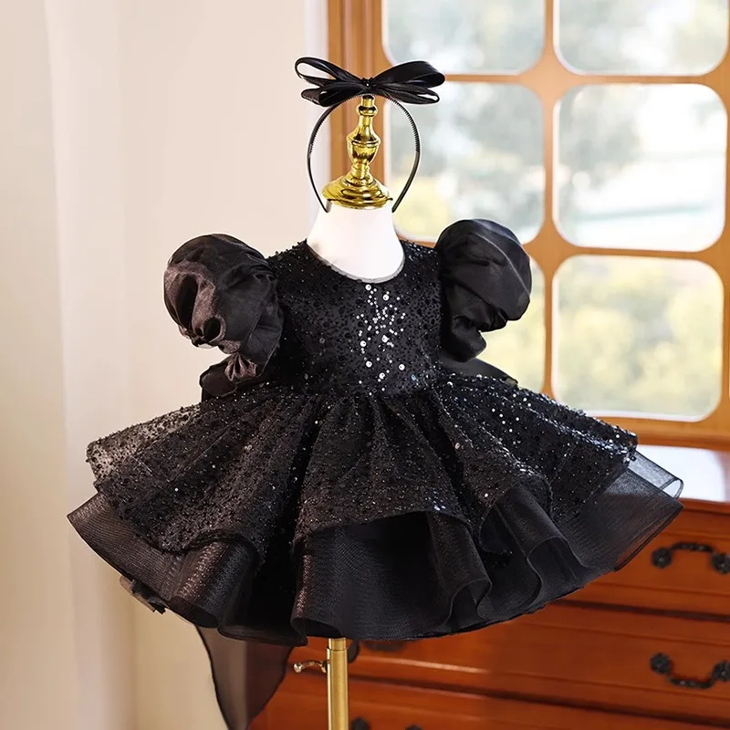 Children's Birthday First Birthday Evening Dress Black French Puff Sleeve Girl's Catwalk Host Piano Performance Princess Dress