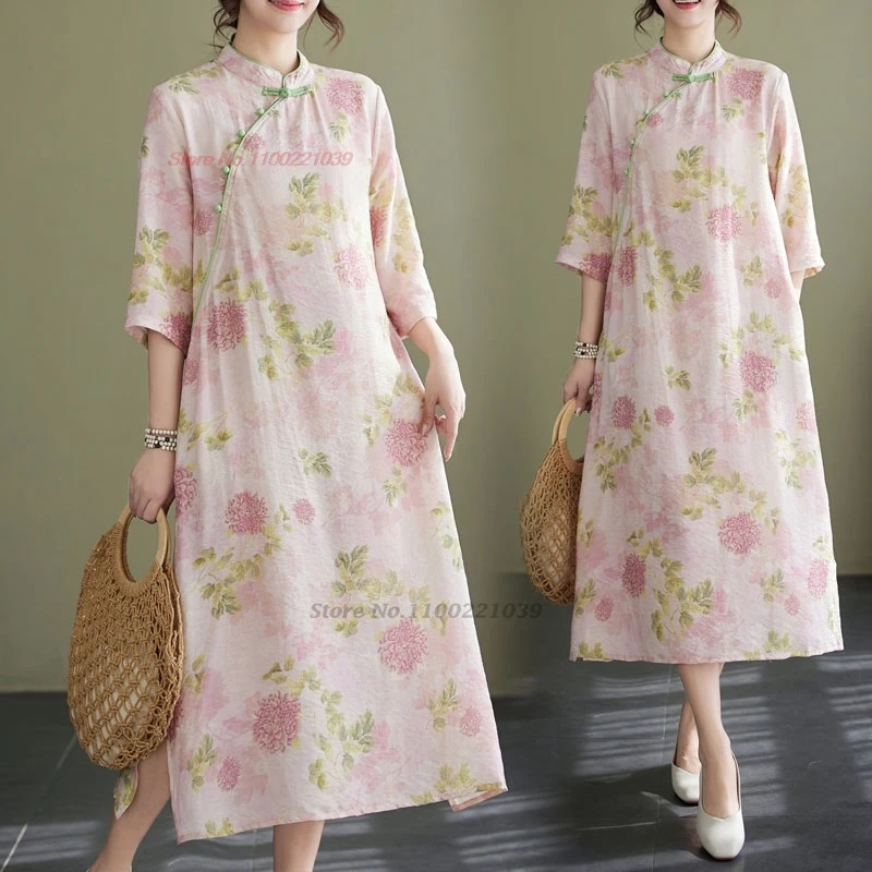 2025 chinese improved qipao vintage dress traditional cotton linen cheongsam national flower print folk a-line dress loose qipao