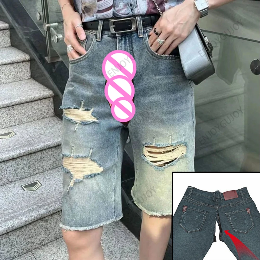 

Vintage Blue High Street Ripped Jeans,Women's Denim Shorts,Invisible Open Crotch Outdoor Sex,Trend High Waist Straight-Leg Pants