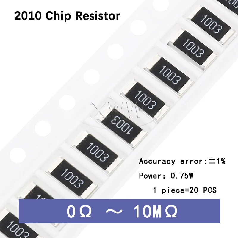 0PCS 2010SMD Resistor 1% Tolerance 0Ω-10M10R 100R 1K 1.2K 2.2K 3.3K 4.7K 5.1K 10K 100K 1M Chip Resistor for Electronic Circuit