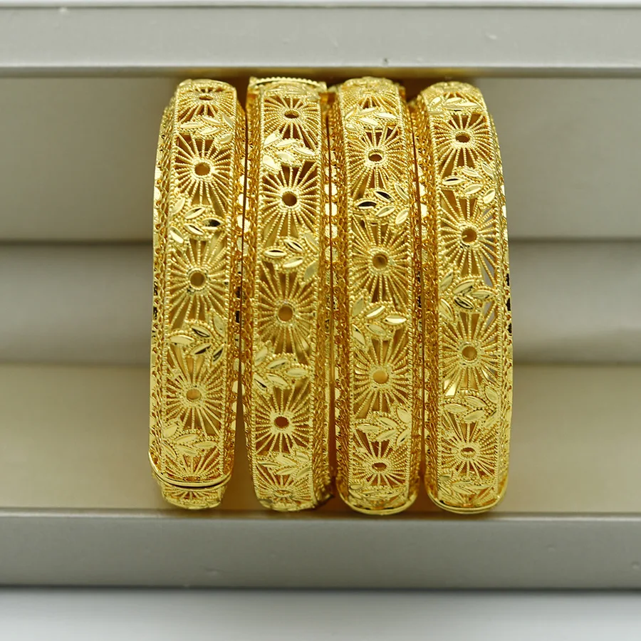 1/2/4PCS Dubai Jewelry Cuff Bangle Wedding Party Gifts Arab Women Charm Bracelets Indian 24K Gold Color Bangle Bracelets