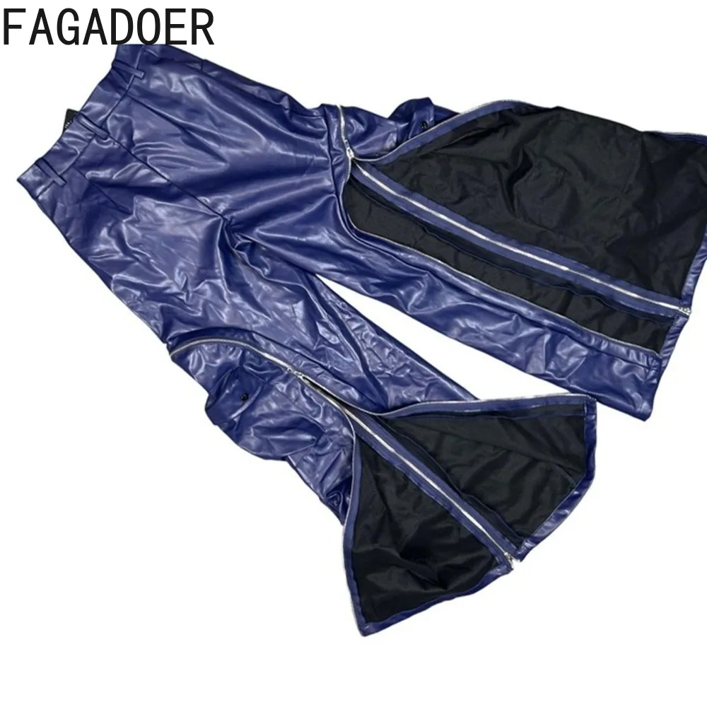 FAGADOER Fashion Leather Patchwork Bodycon Pants for Woman Solid Color Zipper Pocket Skiny Pants Female Streetwear Bottoms New
