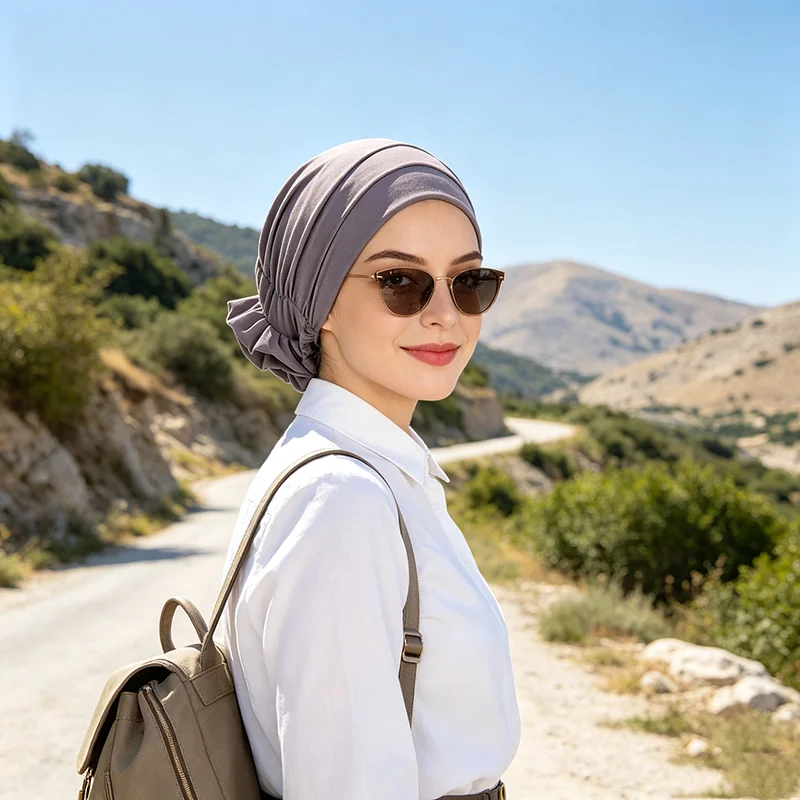 Neue Damen-Hijab-Kappen in Unifarben mit Vintage-Blumenmuster, Muslimische Damen-Turbane, Chemo-Kappen, Kopftücher, Damen-Kopfwickel – Detail 6