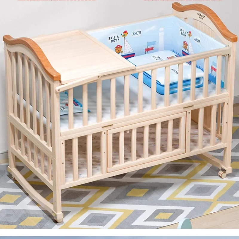 Natural Pine Wood Rocking Cradle Have Mosquito Net, Multifunctional Baby Crib, 104*60*95cm, Can Joint Adult Bed