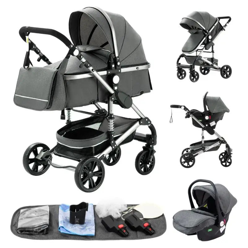 Multifunctionele 3-in-1 babywandelwagen met autostoeltje en slaapmandje, lichtgewicht kinderwagen, compact opvouwbare kinderwagen