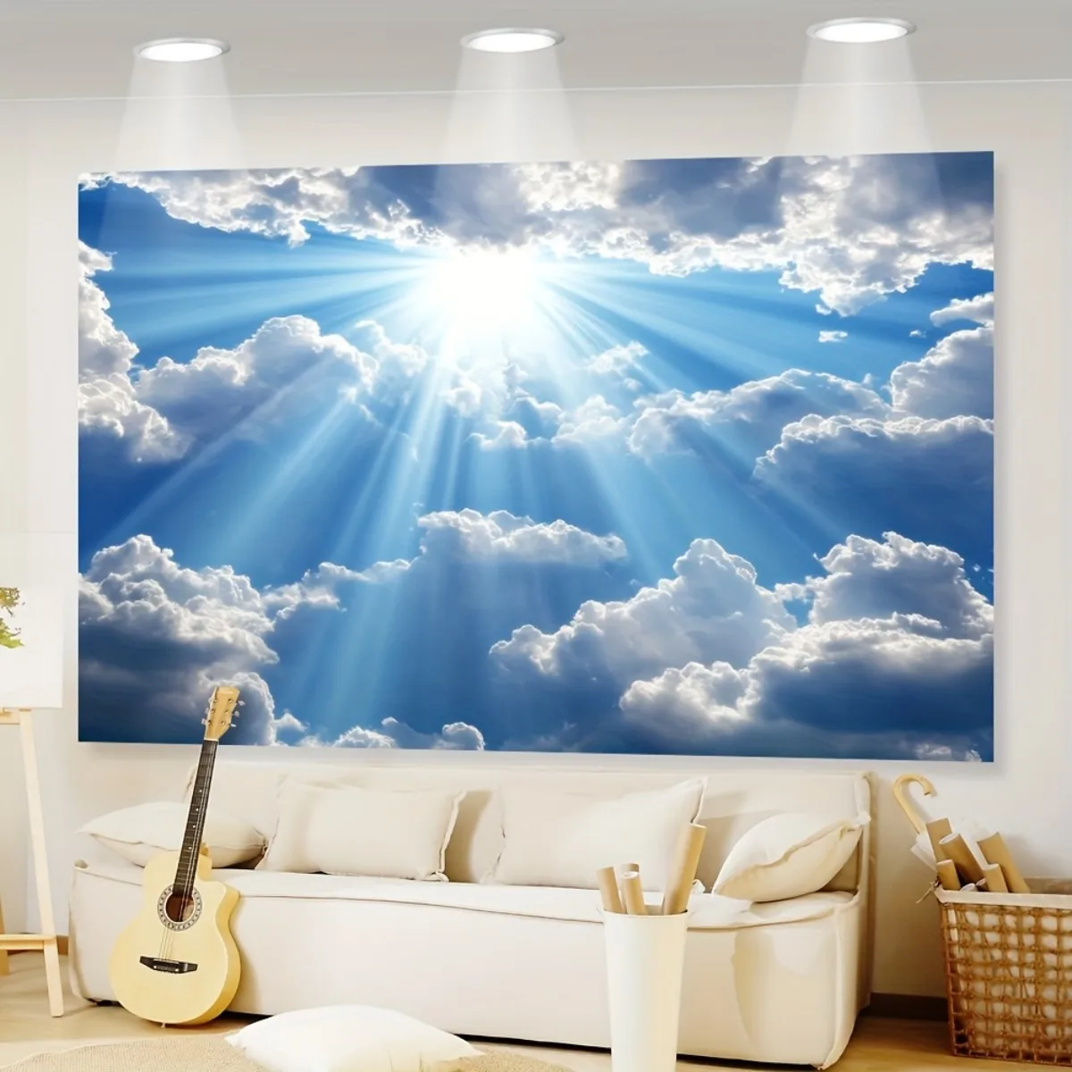 Blue Sky Cloud Sunlight Ray Nature Scenery Wall Tapestry Peaceful Atmosphere Home Office Bedroom Decor Inspirational Landscape