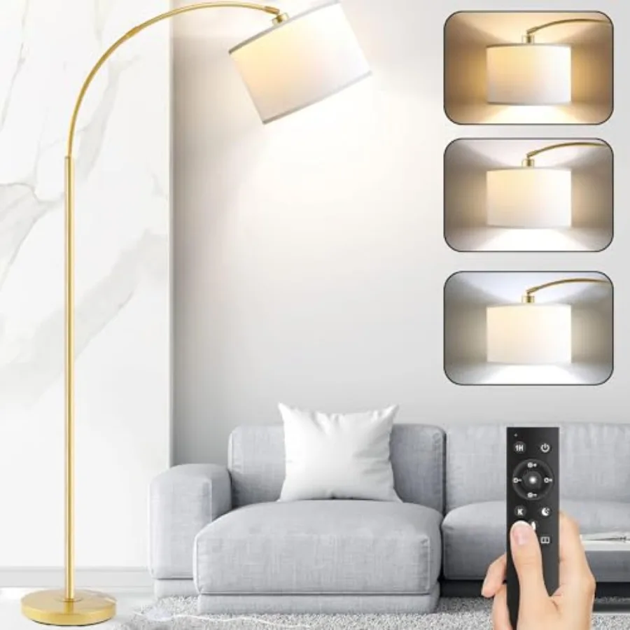 

Arc Floor Lamps for Living Room Modern Remote Control Standing FLamp with Stepless Dimmable Gold Tall Lamp with White Drum Shad