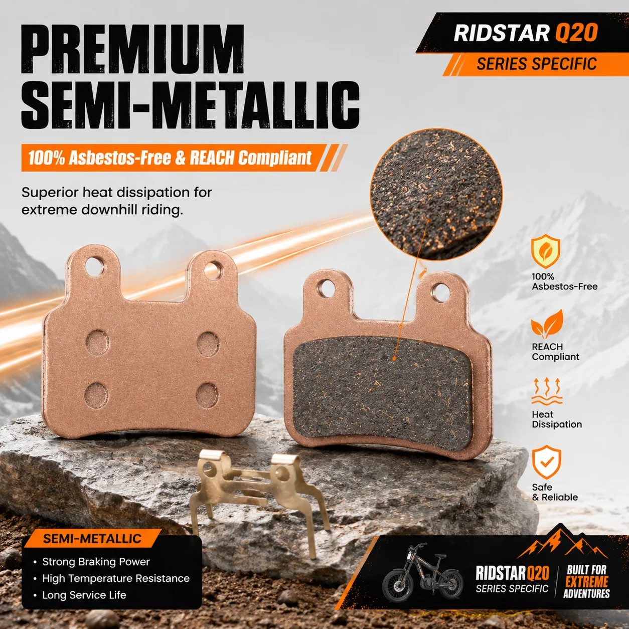 Ridstar Q20 Brake Pads Semi-Metallic All Season Stop for Bopzin Q8 M2000 C21 M22 Freego X2 KTET XD-KL.BS Hydraulic
