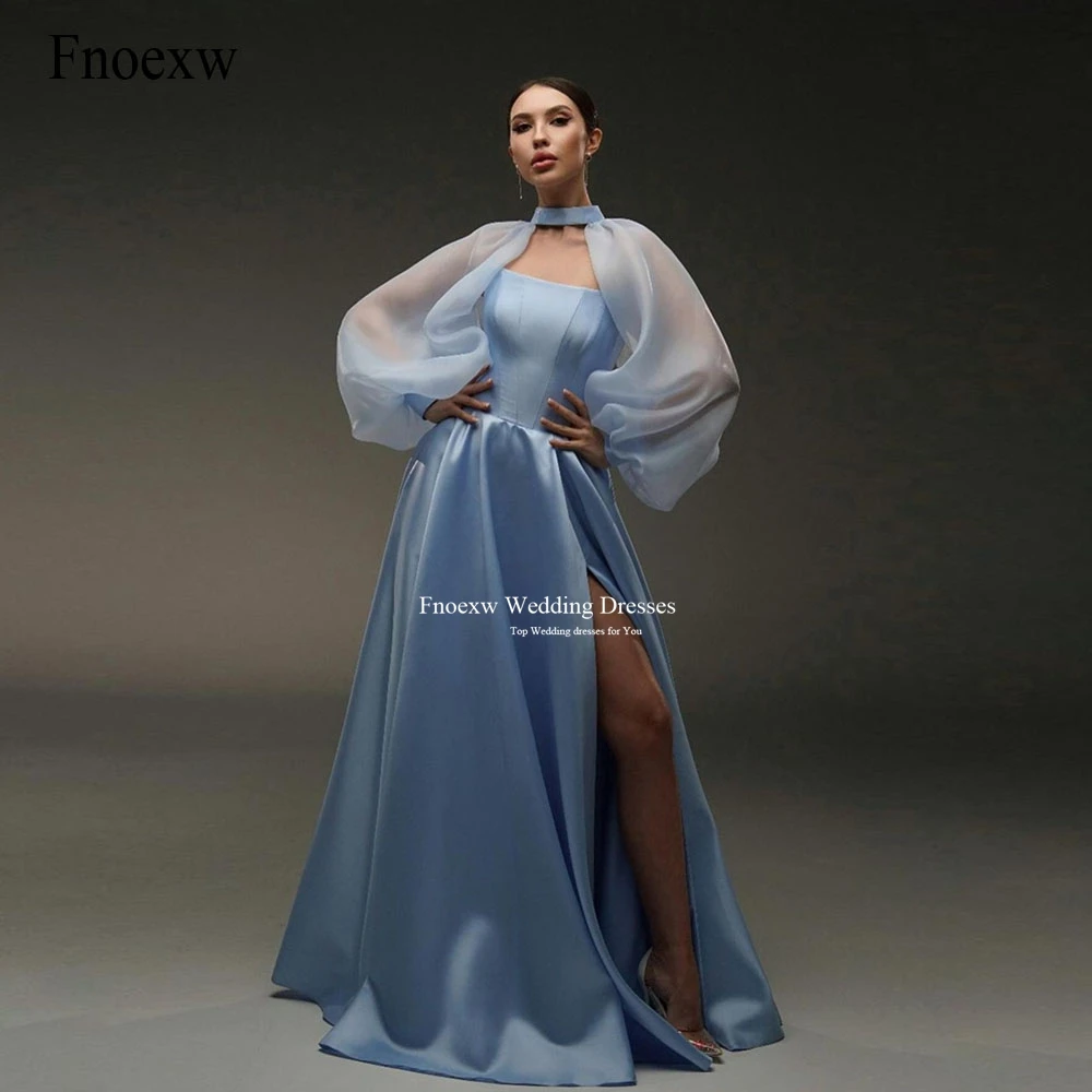 Fnoexw Elegant Dirty Blue Evening Dress With Detachable Organza Puff Sleeves Robe De Soirée Gorgeous Formal Cocktail Party Gowns