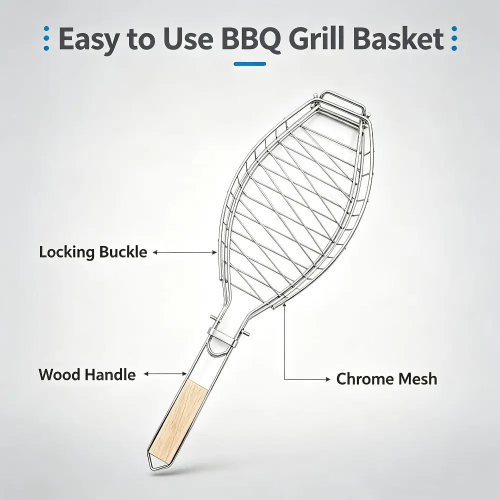 Foldable Fish BBQ Grill Basket Electroplated Thickened Fish Grilling Rack Extended Detachable Handle Fish Roasting Net Travel