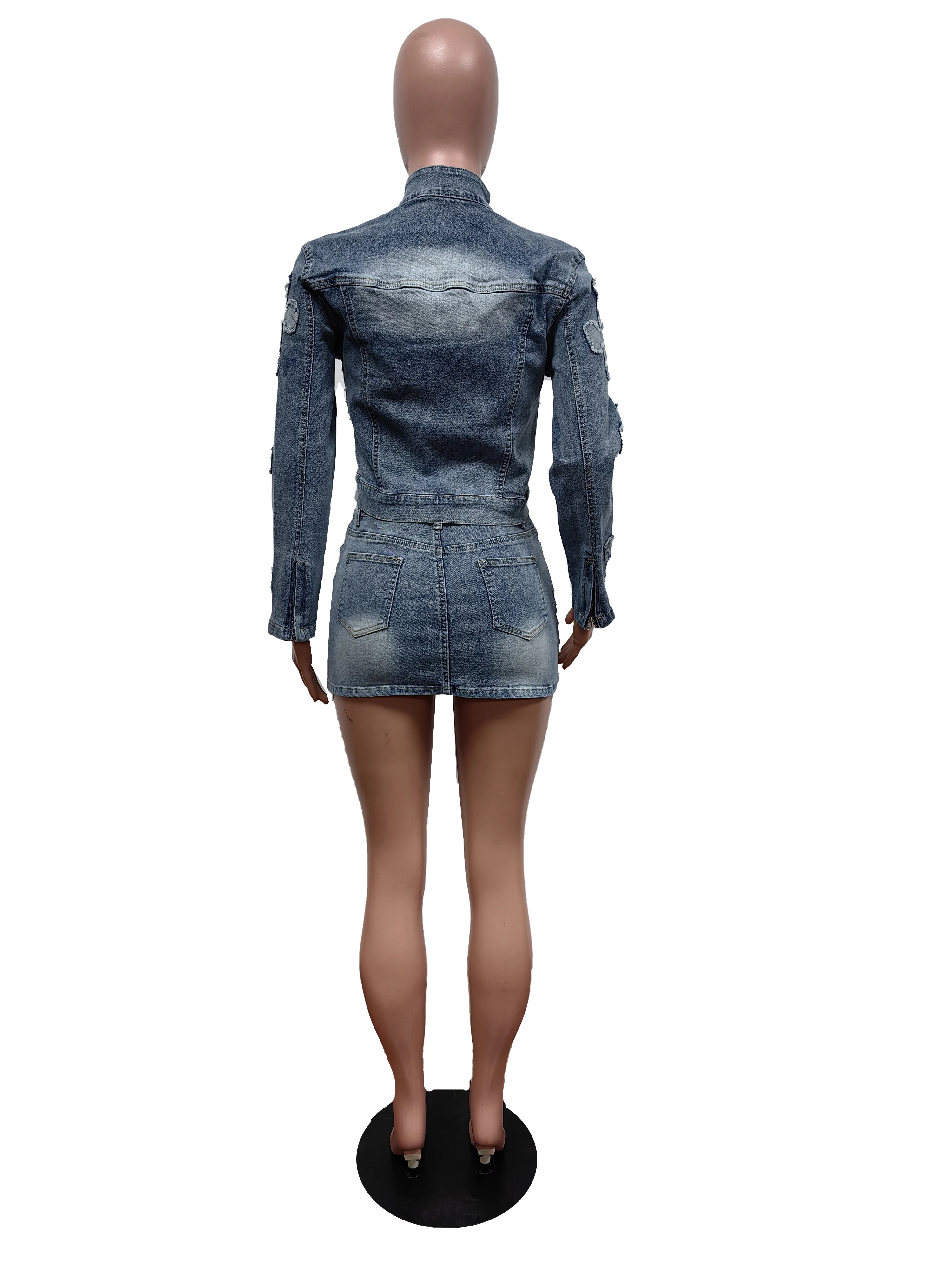 Casual denim two piece skirt sets with women short denim jacket and mini denim skirt