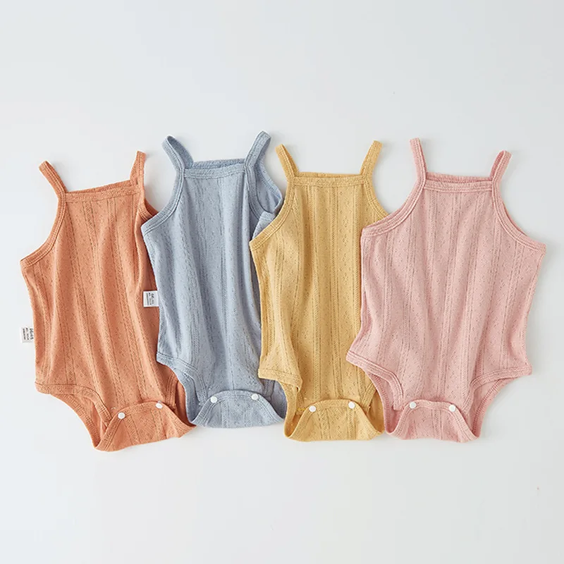 Suspenders Bodysuits Summer Baby Vest Thin Newborn Pure Cotton Baby Unisex Square Collar Fashion Solid Color Sleeveless Rompers