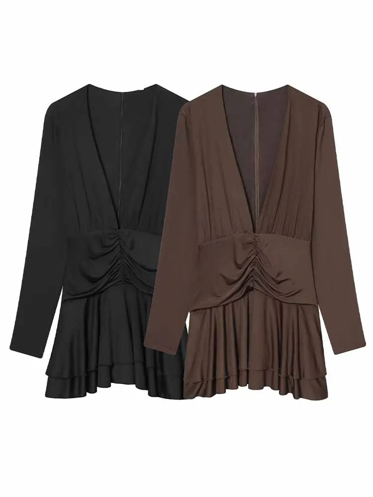 HH femme été rétro mode manches longues col en V profond plissé décoration combinaison robe femme décontracté Style de rue robe