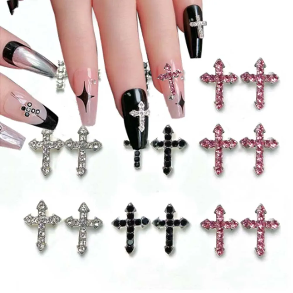 10pcs Glitter Diamond Cross Nail Art Charm 3D Alloy Vintage Punk Crystal Cross Nail Rhinestones DIY Luxury Nail Jewelry Supplies