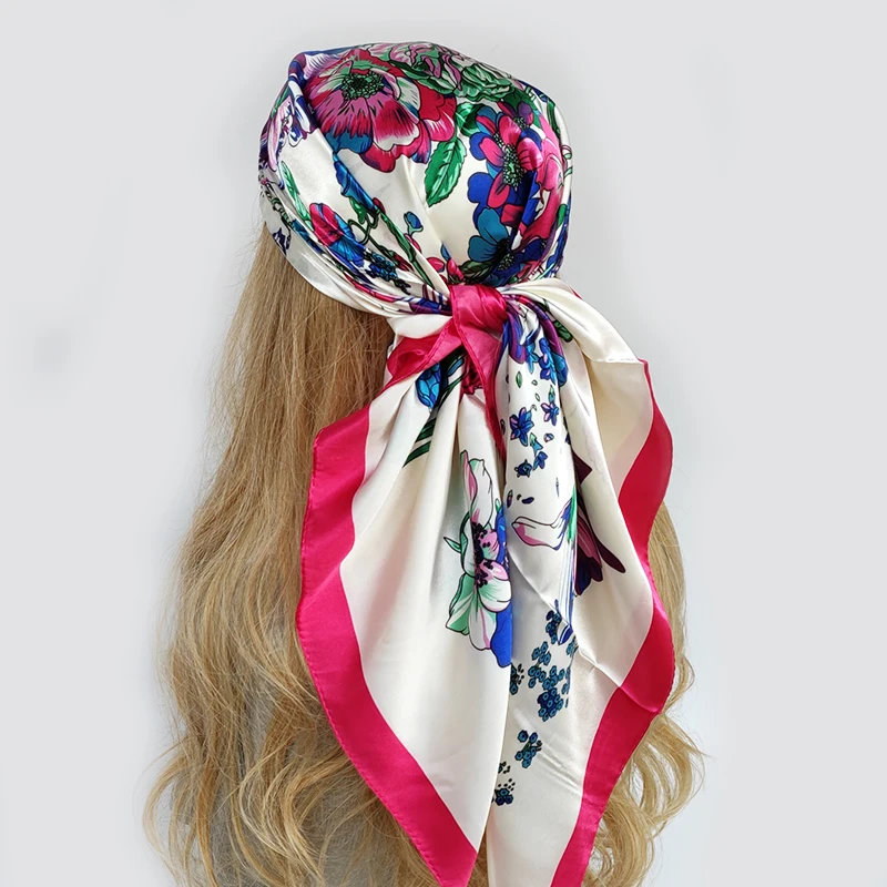 Neckerchief Shawl Wraps Print Silk Satin Scarf square Women Muslim Hijab Elegant Headband Bandana design brand foulard