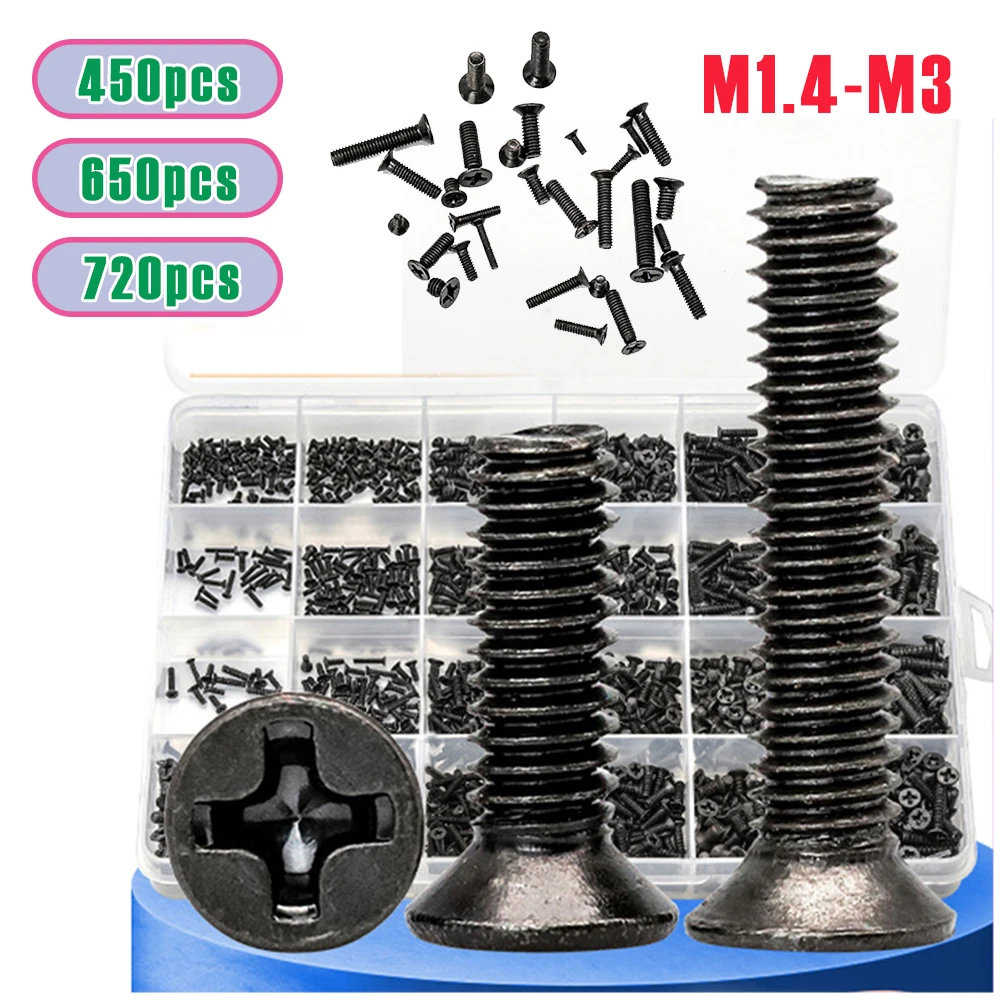 450/650/720Pcs Laptop Screws Kit Box M1.4 M2 M2.5 M3 Black Steel Mini Micro Cross Countersunk Head Flat Head Screw Combination