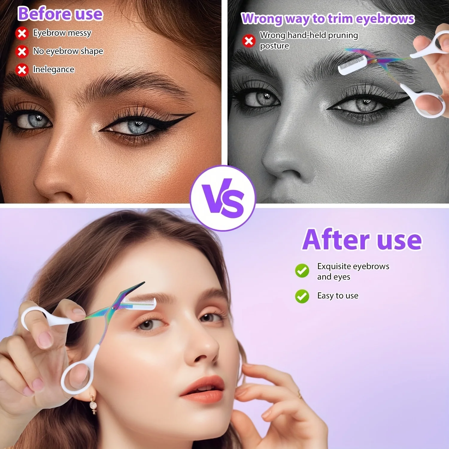 1pieces Stainless Steel Color Titanium Eyebrow Trimmer Scissors, Eyebrow Scissors with Comb image 4