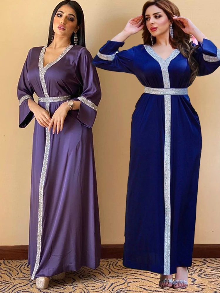 Autumn Party Dress for Women Muslim Abaya Arabic Maxi Dress Eid Sequins Diamond Long Sleeve Islamic Robe Moroccan Kaftan Gown