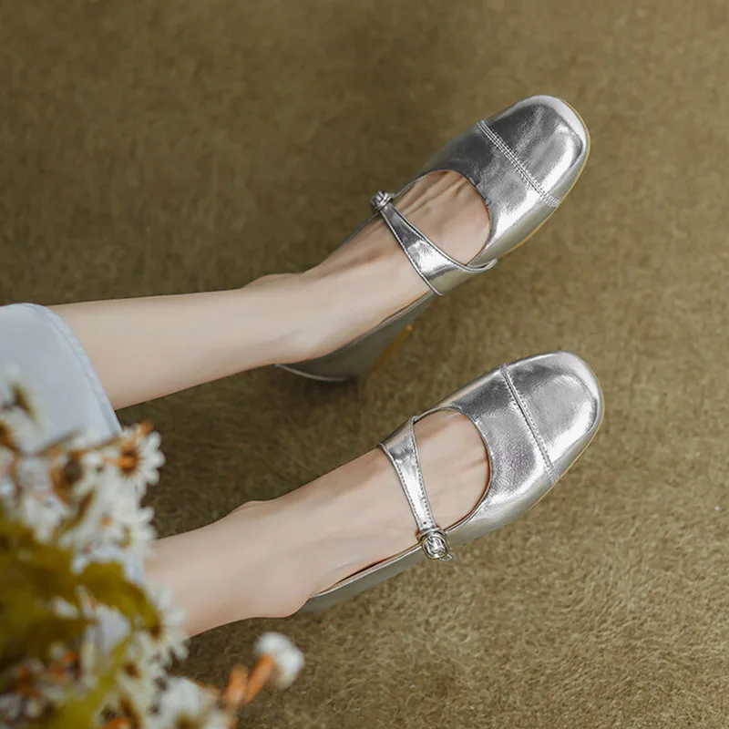 Phoentin Women Genuine leather silver soft ballets flats elegant low heels mary janes shoes lady party pumps plus size 41 FT3439 image 2