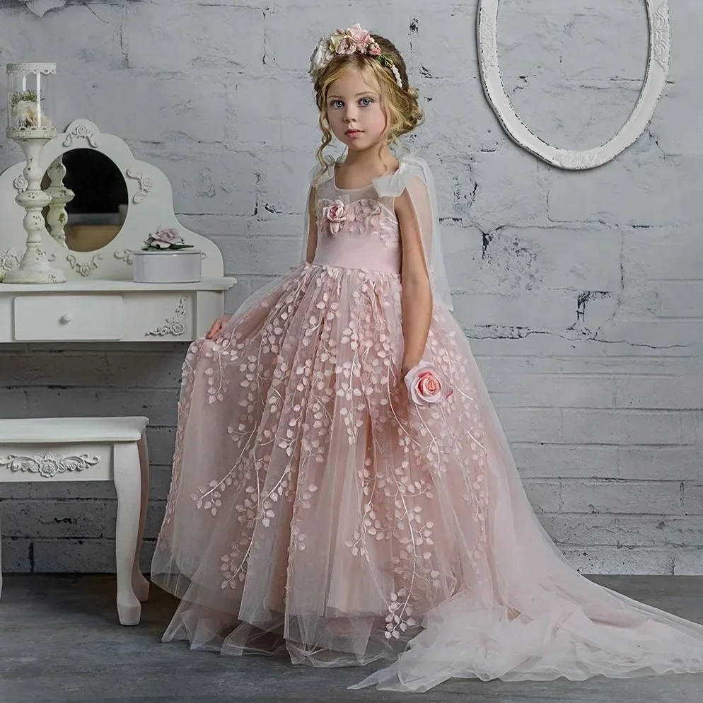 Vestidos adorables con apliques en 3D para niña, vestidos de desfile sin espalda para boda y cumpleaños, tren de barrido de tul, vestido de desfile para niño