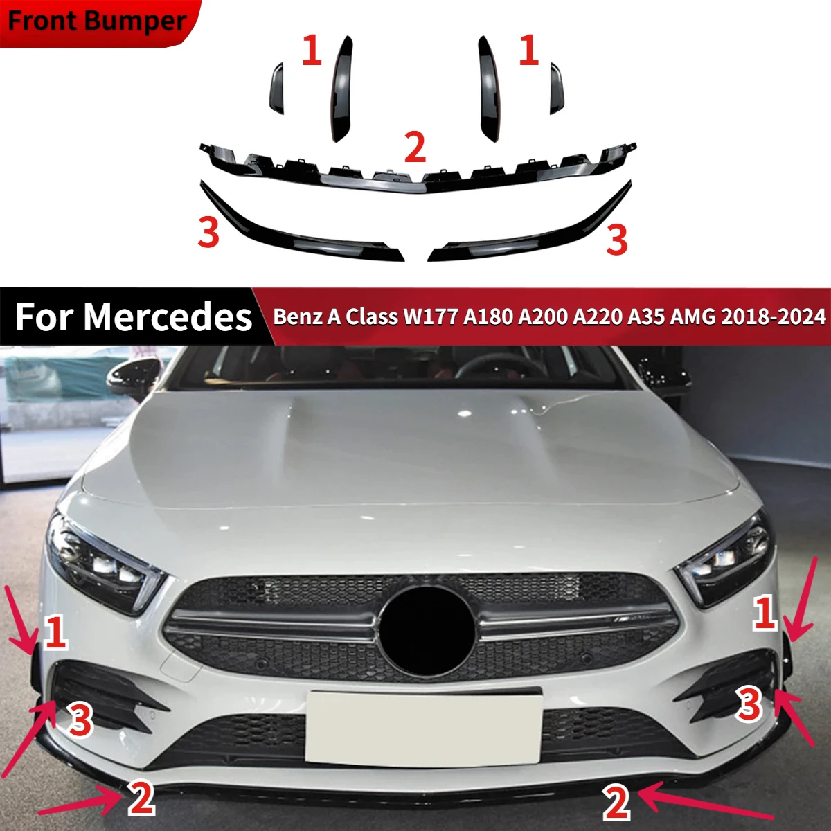 

For Mercedes Benz A Class W177 A180 A200 A220 A35 AMG 2018-2024 Front Bumper Diffuser Side Splitter Replacement Spoiler Canards