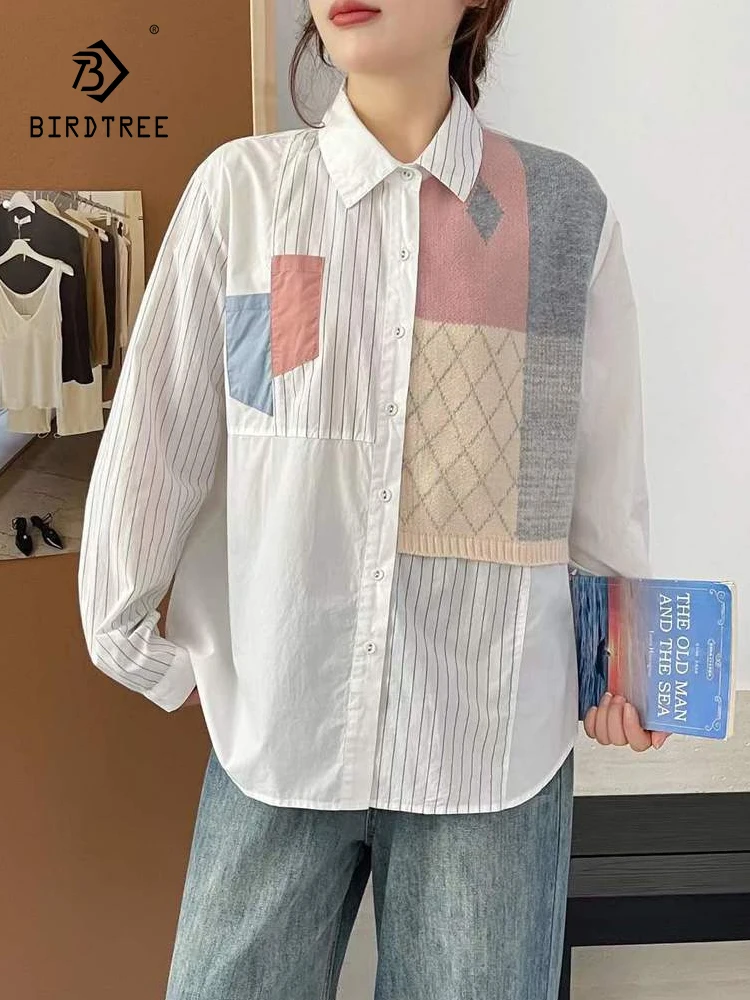 

Новинка 2025, осенняя хлопковая рубашка с длинными рукавами, женская полосатая лоскутная рубашка с отложным воротником, французская повседневная свободная блузка Mori Girl T59026CC