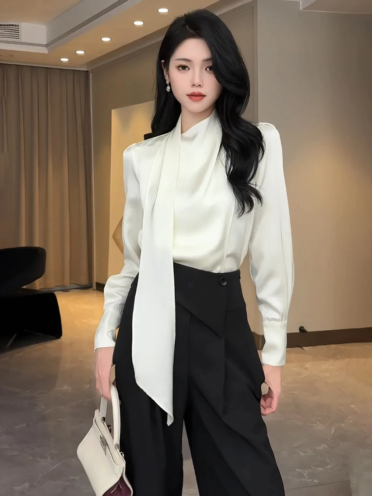 

Ele Long Sve Satin irt Женский модный топ для внутренней одежды с Sa f Высокий воротник Корейский свободный крой Осень W...