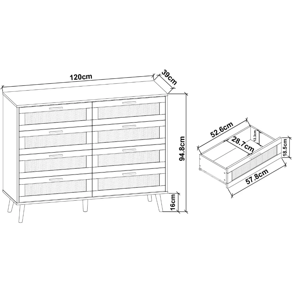 Wooden Rattan Dresser with 3, 6, or 8 Drawers - Spacious Storage Chest for Bedroom or Nightstand Use