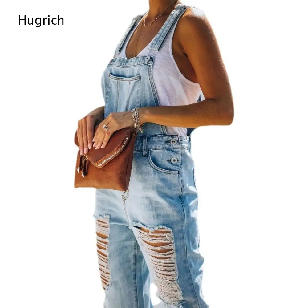 Light Blue Distressed Ripped Denim Overalls For Women Adjustable Strap Frayed Hole Loose Straight Casual Jean Bib Pants