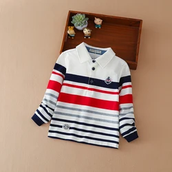 Boys Polo Shirt High-quality Cotton Spring Autumn Long Sleeve Embroidered Stripe Top Kids Casual Breathable Clothing