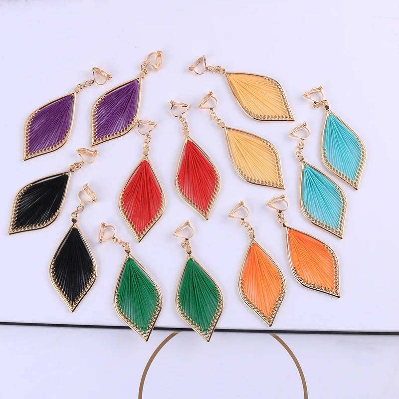 NEW Bohemian Vintage Cotton Thread Water Drop Clip on Earrings for Women Girl Temperament Without Piercing Ear Clips Jewelry