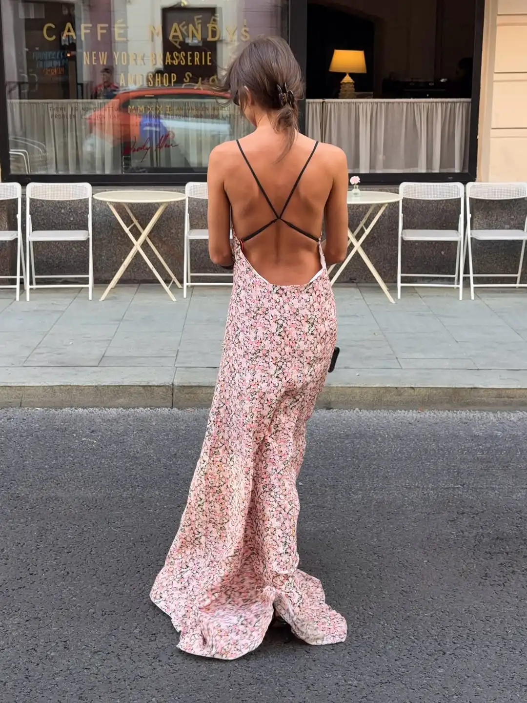 Pink Ditsy Floral Satin Maxi Dress Spaghetti Strap Deep V Neck Front Black Rose Detail Ruffle Hem Women Street Vacation Dress