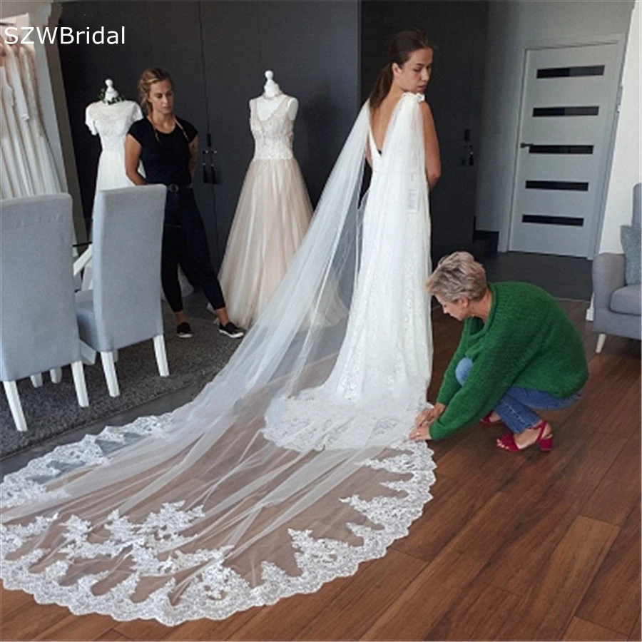 Wholesale White Ivory Wedding Cape Veils Cathedral Length Wedding Accessories Lace Bridal Veil Shoulder Veil